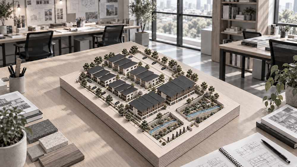 Architectural wood model of a residential development multi-unit in los angeles county